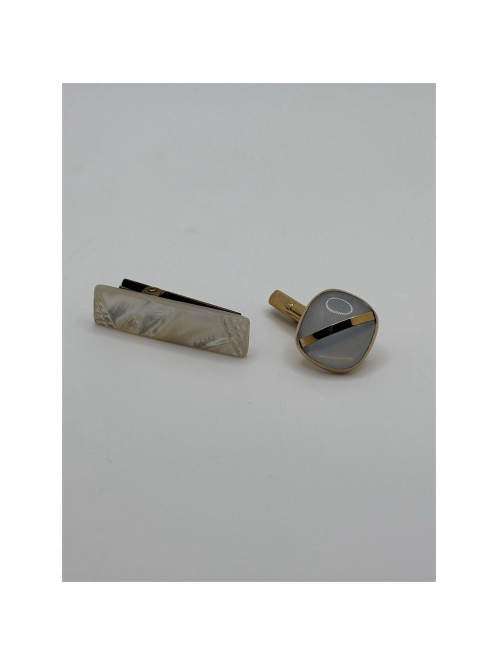 Swank Mother Of Pearl Cufflinks Tie Clip Set Silver Vintage